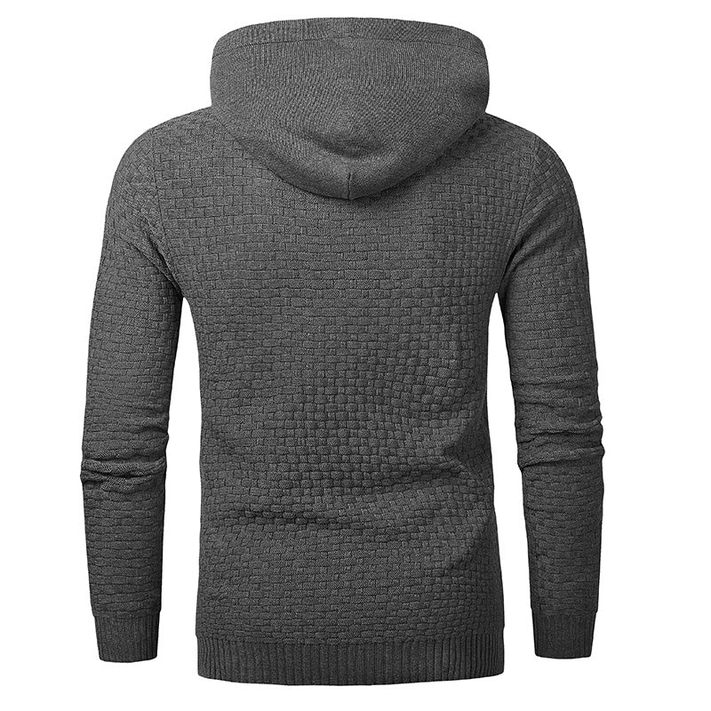 Men's hoodie sweater, dark gray textured knit, back view with ribbed hem and cuffs
