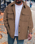 Men's polo-collar coat shirt in brown herringbone with button front and flap chest pockets.