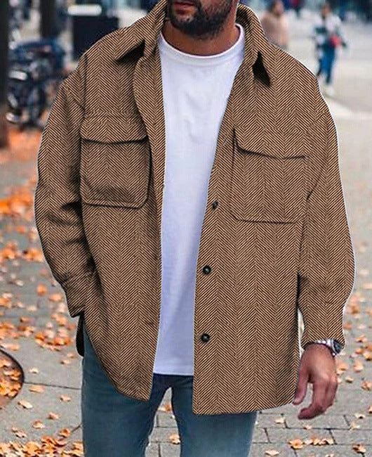Men's polo-collar coat shirt in brown herringbone with button front and flap chest pockets.