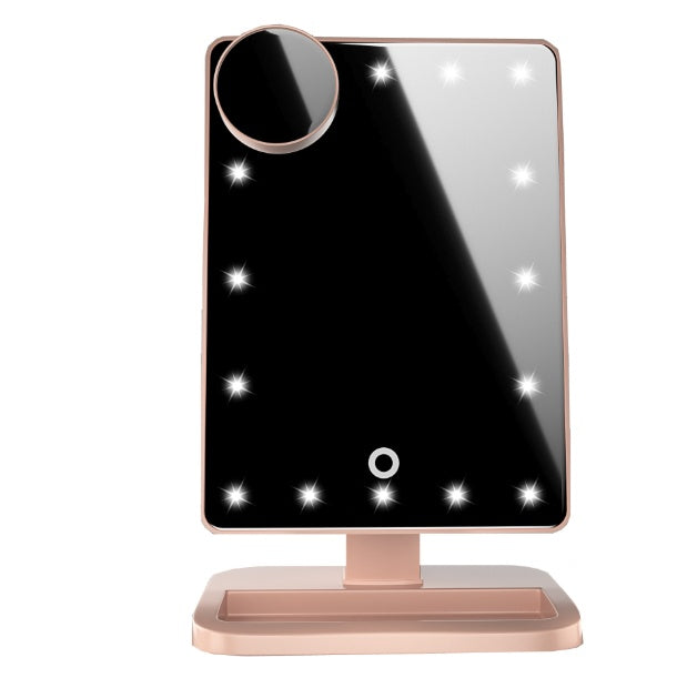 Touch-screen makeup mirror with stand, black glass, champagne-pink frame and base