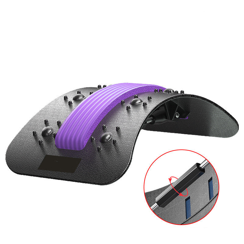 Lumbar traction waist brace with purple support pad, shown with clasp detail