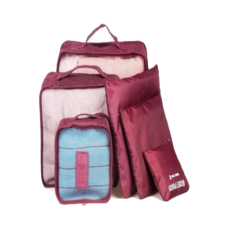 Rose red packing cubes set with clear mesh panels, zip pouch, and folded garment bag