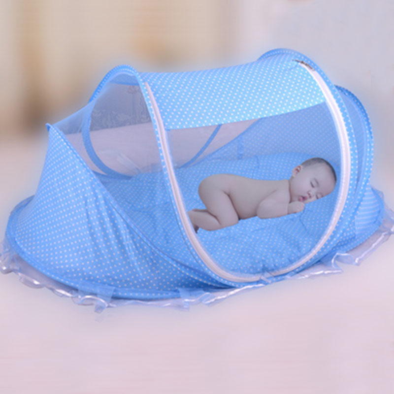 Foldable baby bed net set, blue dotted mesh tent with arched opening and pillow insert