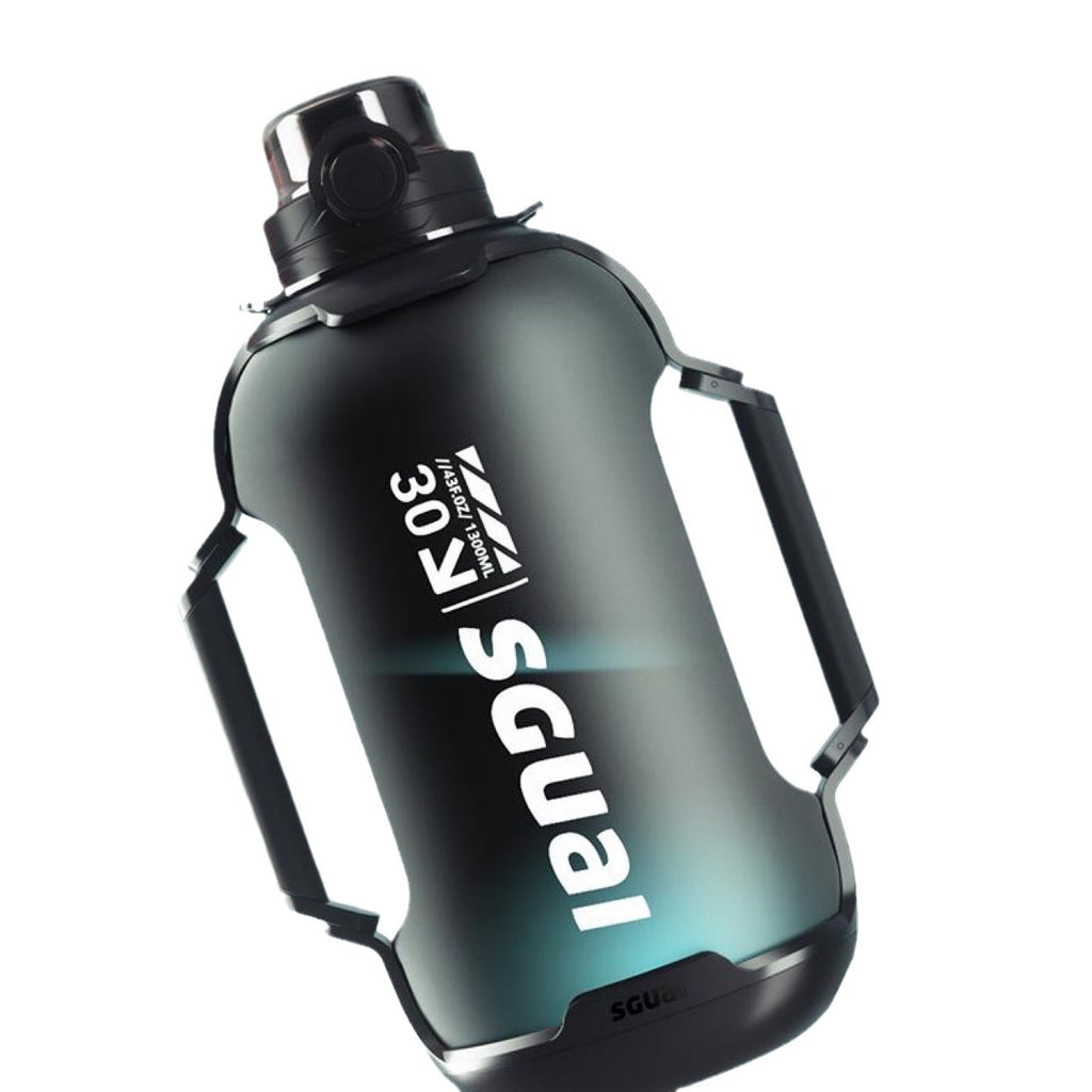 Matte black sports water bottle with flip-top cap and side carry handle