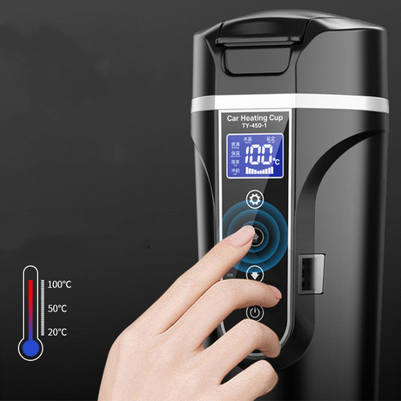 Black heated car cup with blue digital display and touch control panel
