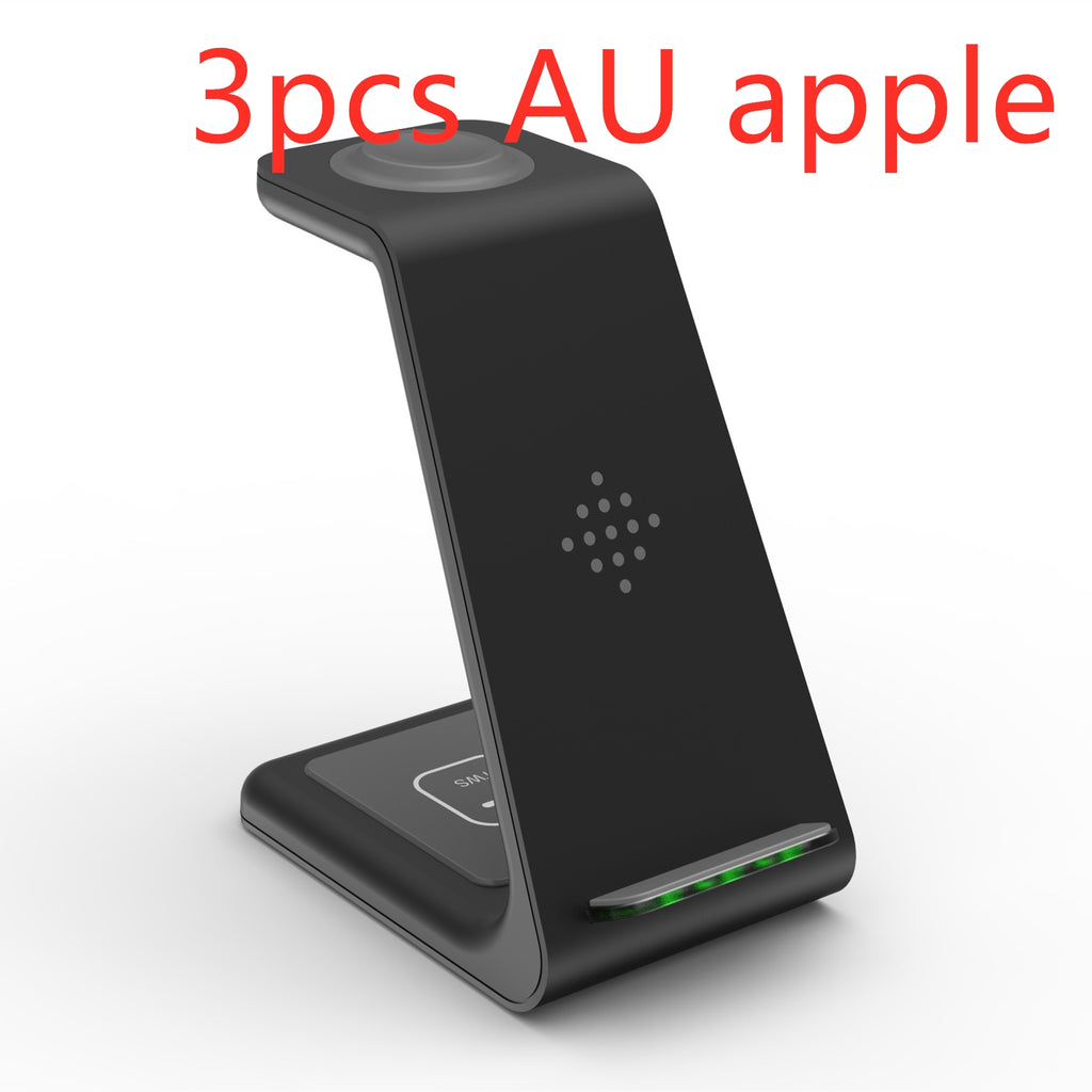 Wireless phone charger stand with vertical cradle, LED glow at base, dark finish.