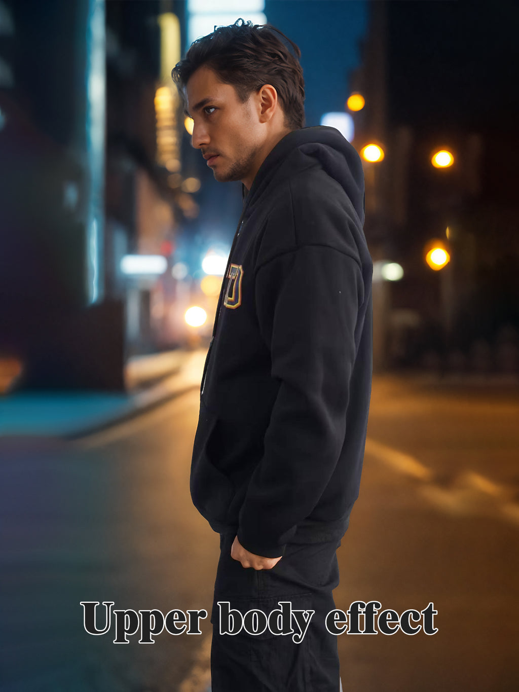 Black long-sleeve hoodie, profile view with hood and chest logo print