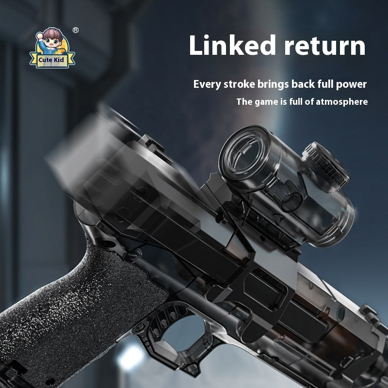 Black electric water gun close-up with recoil-style handle and clear barrel top