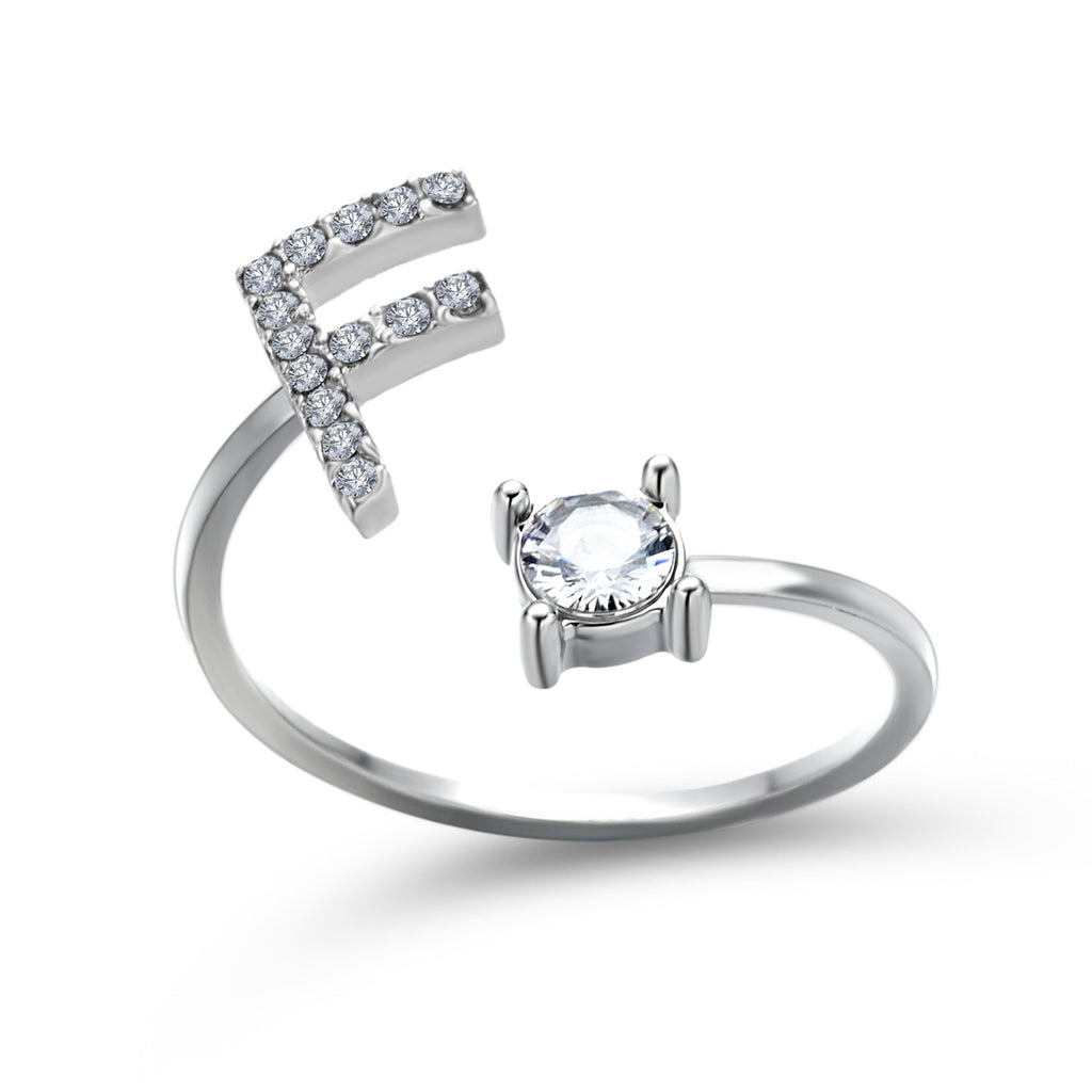 Adjustable initial letter ring with rectangular pavé letter and round crystal, silver tone