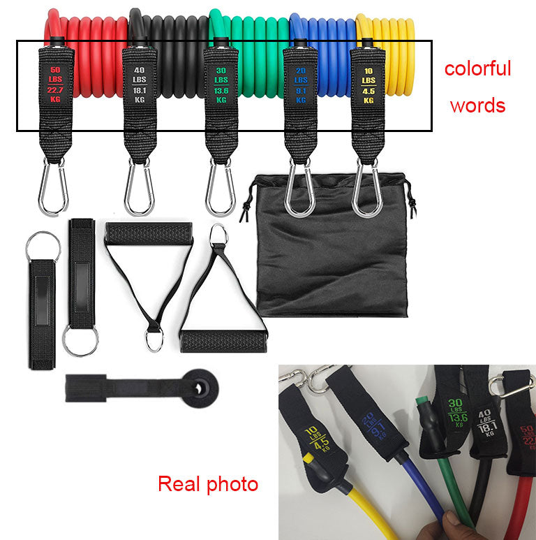 Colorful resistance rope band set with numbered handles, carabiner clips, and storage pouch