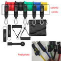 Colorful resistance rope band set with numbered handles, carabiner clips, and storage pouch