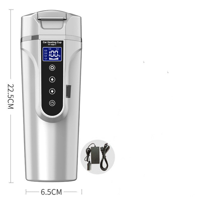 White heated car cup with digital display, touch buttons, and included cables