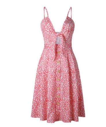 Pink patterned spaghetti-strap dress with V cutout and button front