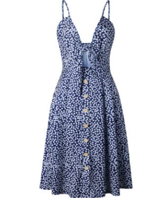 Blue patterned spaghetti-strap dress with V cutout and button placket