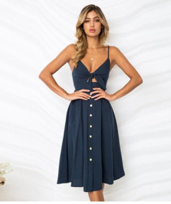 Navy sleeveless flare dress with tie strap bodice and front buttons