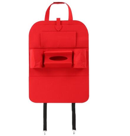Red auto seat organizer bag with hanging straps and open front storage pockets