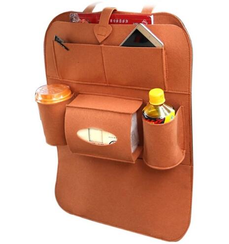 Brown auto seat organizer bag with front compartments and bottle side pockets
