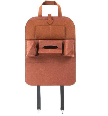 Brown auto seat organizer bag with hanging straps and front compartment with divider