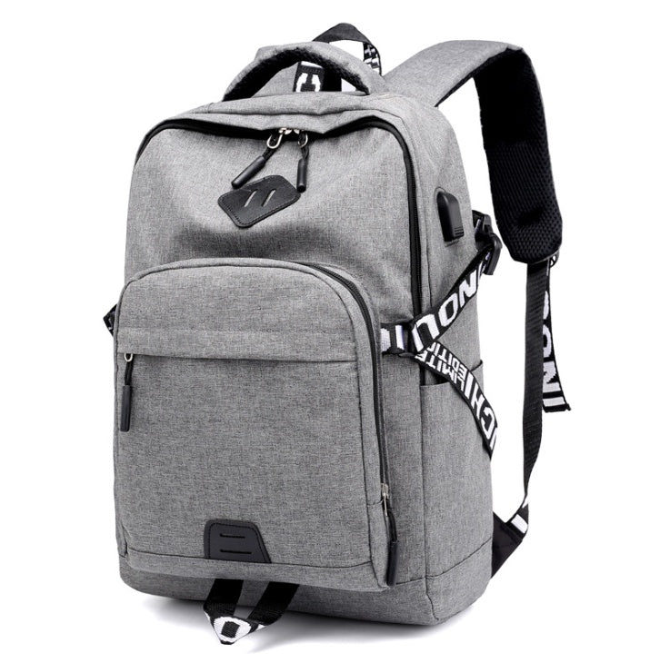 Gray USB laptop backpack with front zip pocket, top handle, and padded shoulder straps