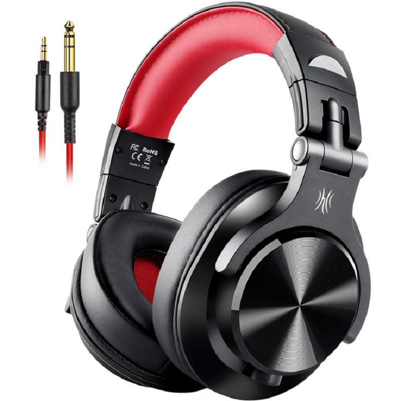 Over-ear headphones with red headband, black earcups, and silver accents