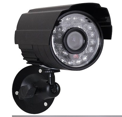 Surveillance security camera with black housing and IR LED lens array on swivel bracket