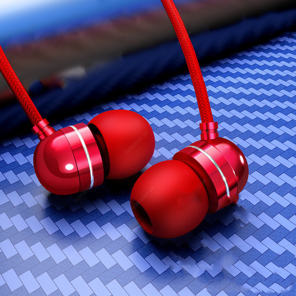 Wire-controlled in-ear headphones, red earbuds with silver rings on fabric cable