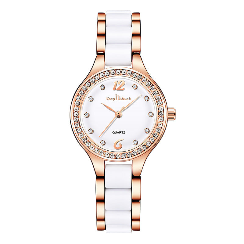 Women quartz wrist watch with white dial, rose-gold bezel, rose-gold and white bracelet