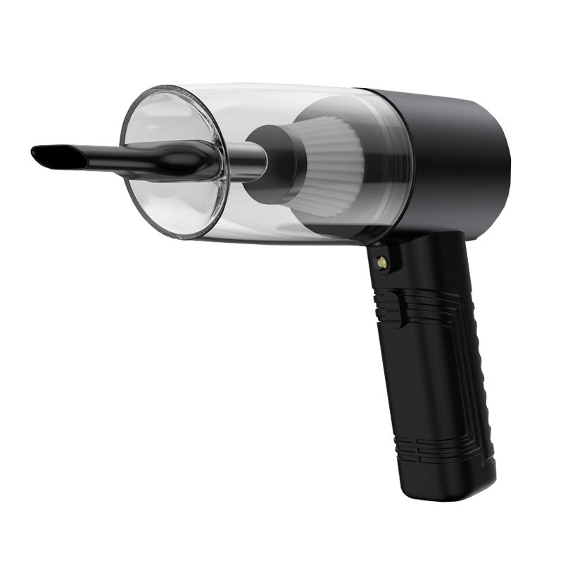 Handheld mini car vacuum cleaner with clear nozzle and black grip, dual-purpose design