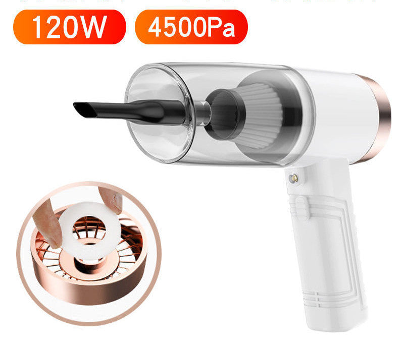 Handheld mini car vacuum cleaner with clear nozzle and white body, 120W 4500Pa