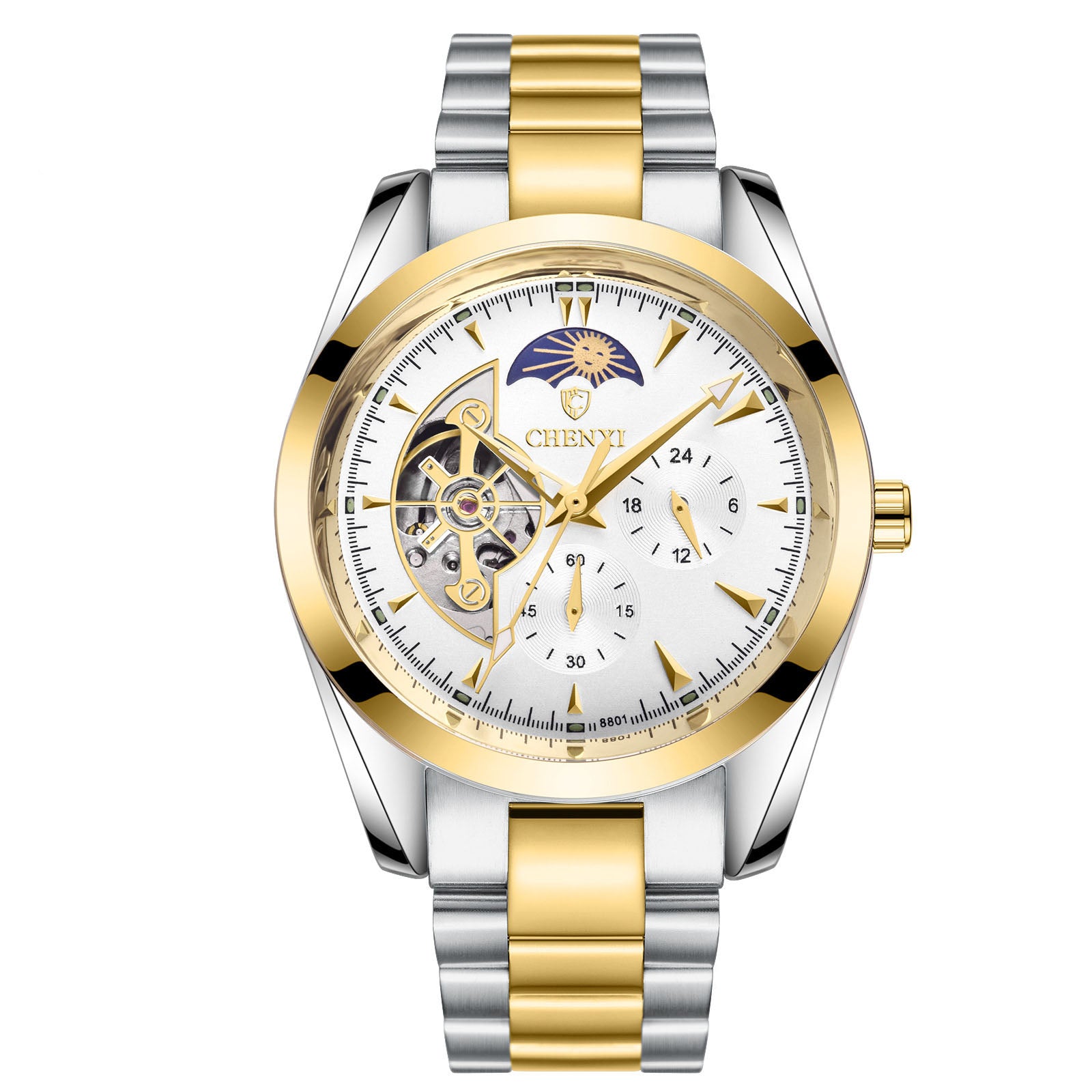 Mechanical wristwatch with white dial, blue emblem, gold bezel, silver/gold link bracelet