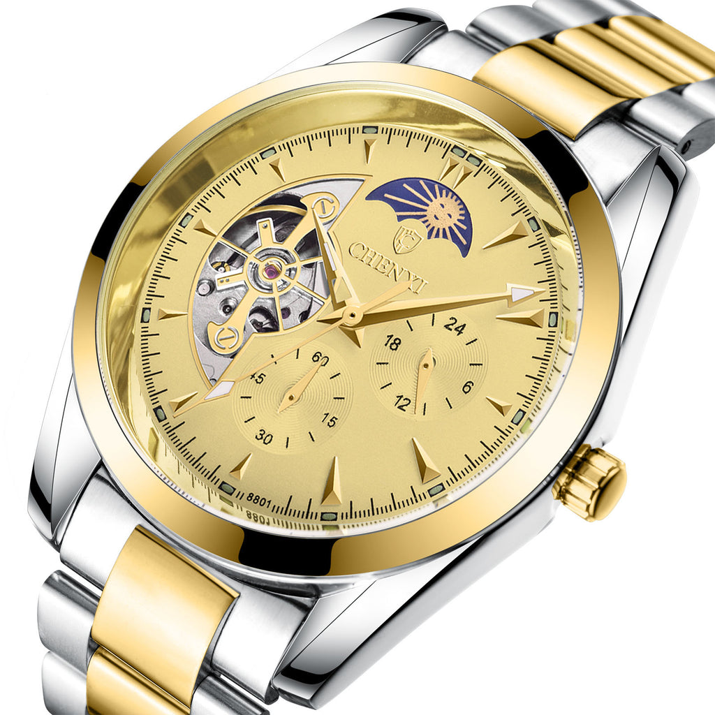 Mechanical wristwatch with gold dial, gold bezel, silver and gold link bracelet