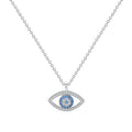 Sterling silver evil eye pendant necklace with blue eye center and pavé-edged teardrop