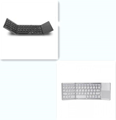Folding Bluetooth keyboard color options shown: black and white, folded