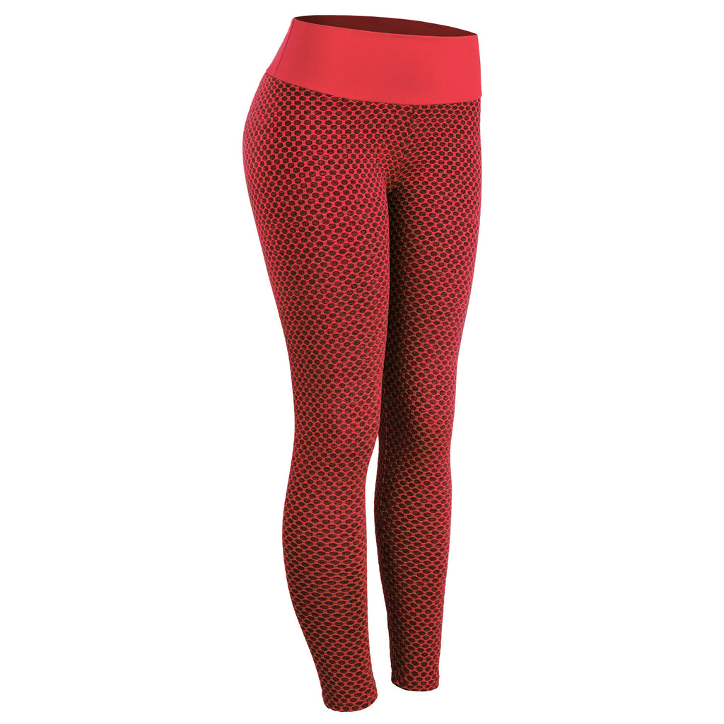 Red seamless high-waist leggings with textured honeycomb pattern, full length