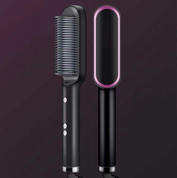 Black heated hot comb and curling tong with pink outline, shown together