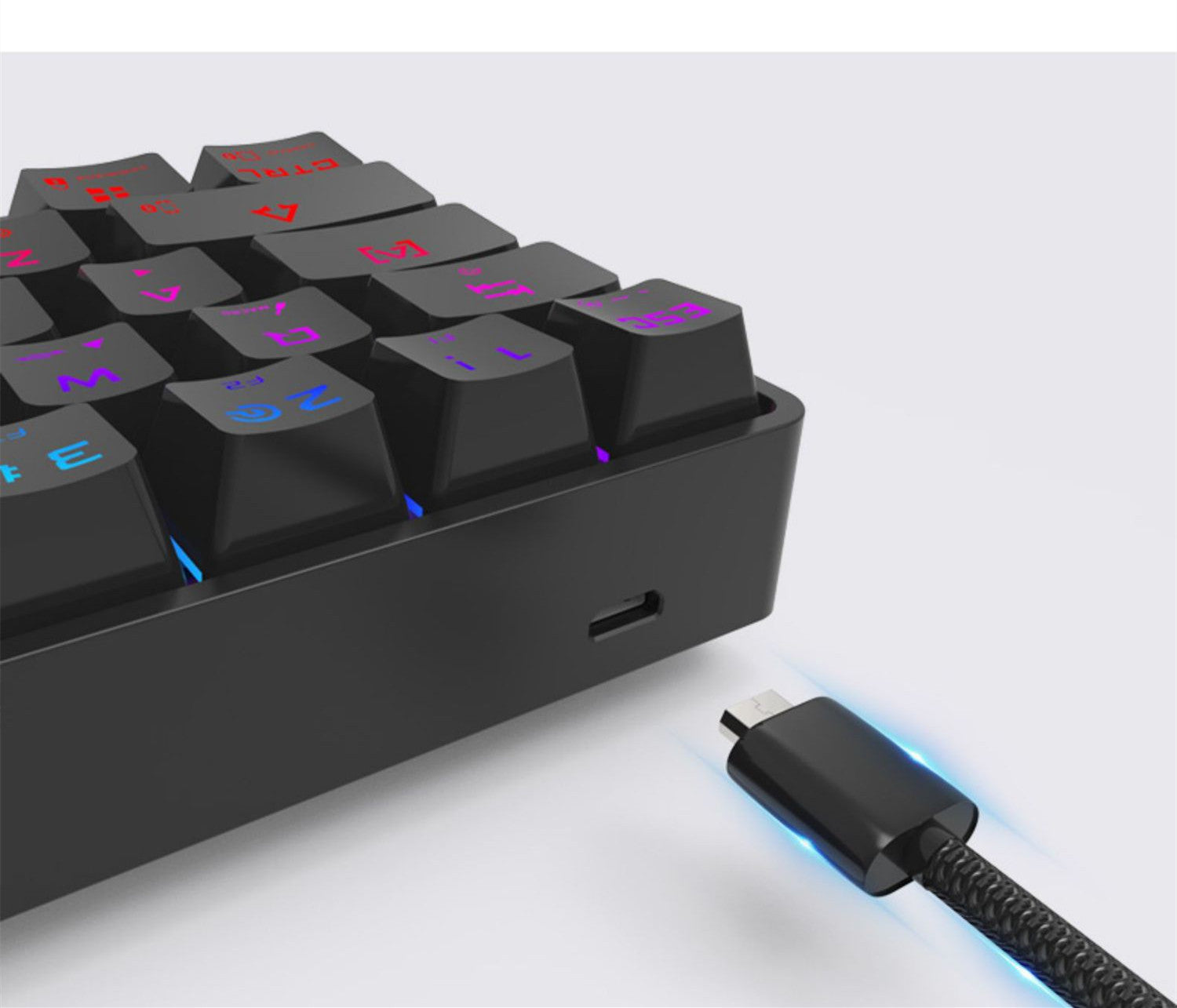 Mechanical keyboard side view with RGB backlit keys and a connected cable, black case.