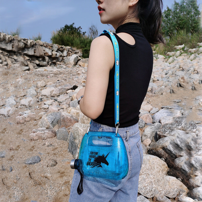 1500ml blue plastic water bottle with black lid and crossbody strap