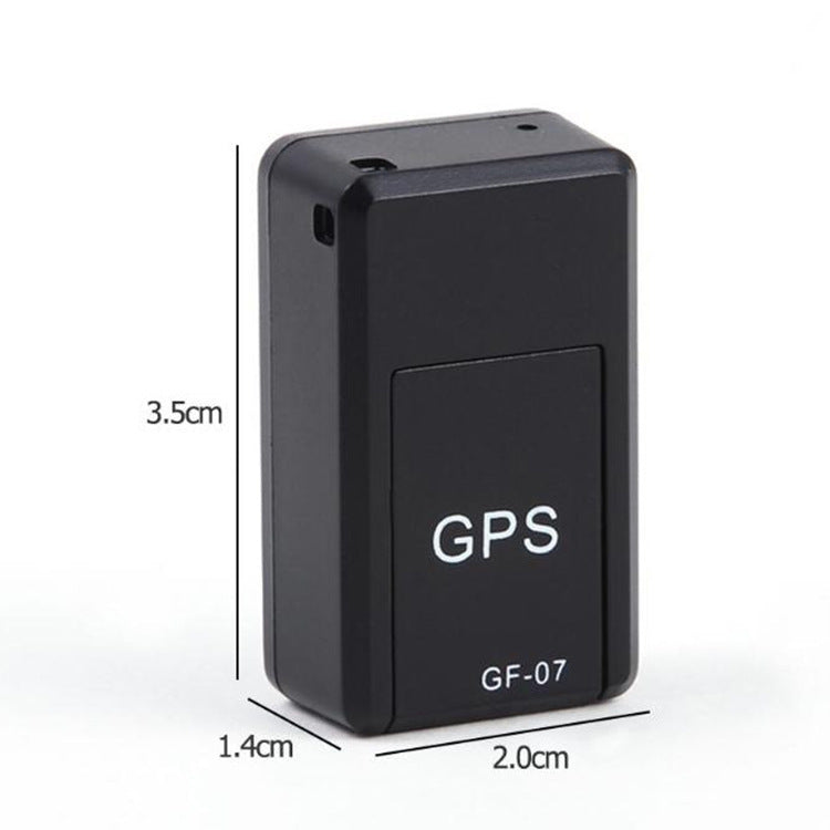 Mini GPS tracker device, black, with GPS and GF-07 markings, size shown