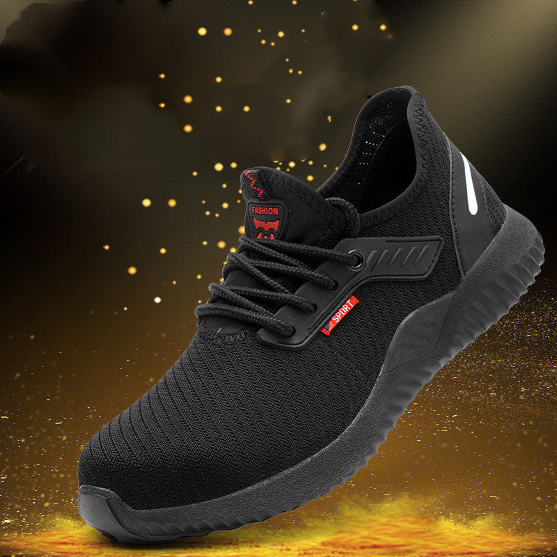 Black lace-up work safety shoe with side vent stripe and thick rubber sole