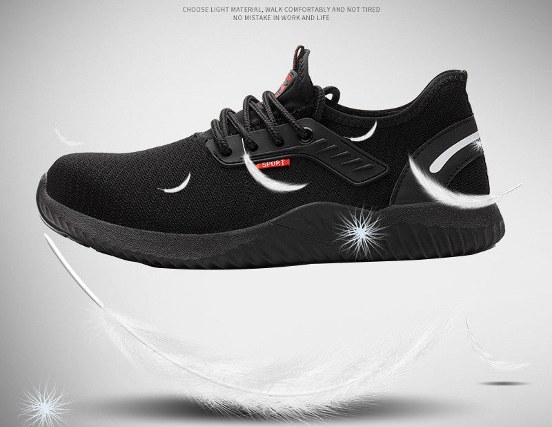 Black safety work shoe with lace-up upper and reflective side accents