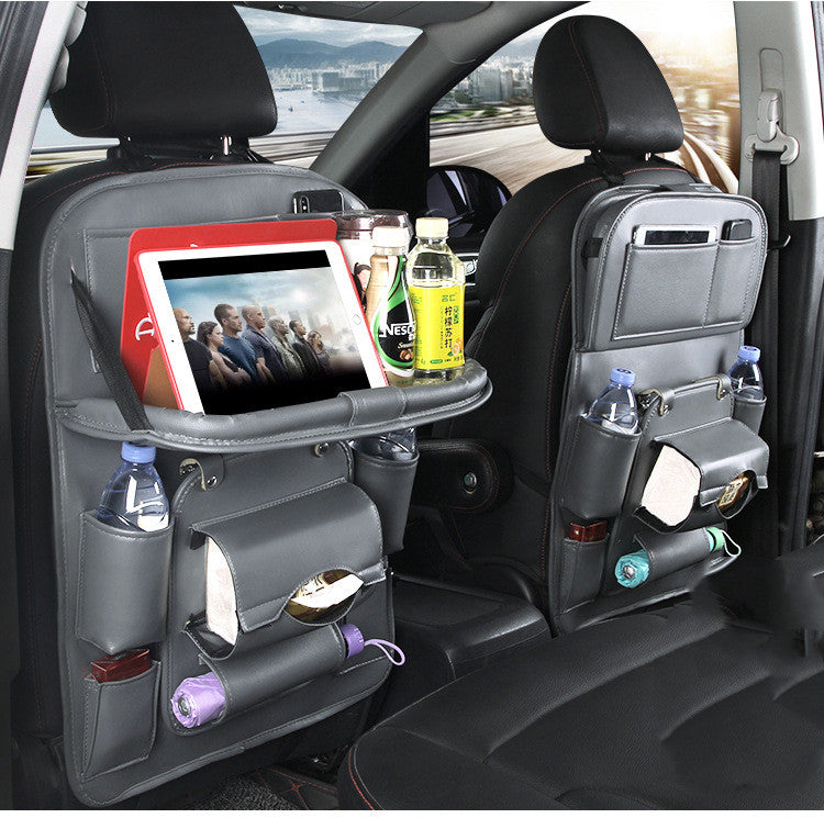 Grey PU leather car seat back organizer bag set with drink pockets and hanging storage