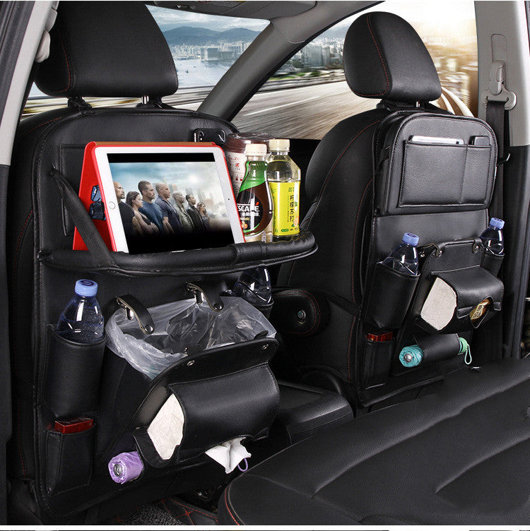 Black PU leather car seat back organizer with front tray, bottle pockets, and hanging storage