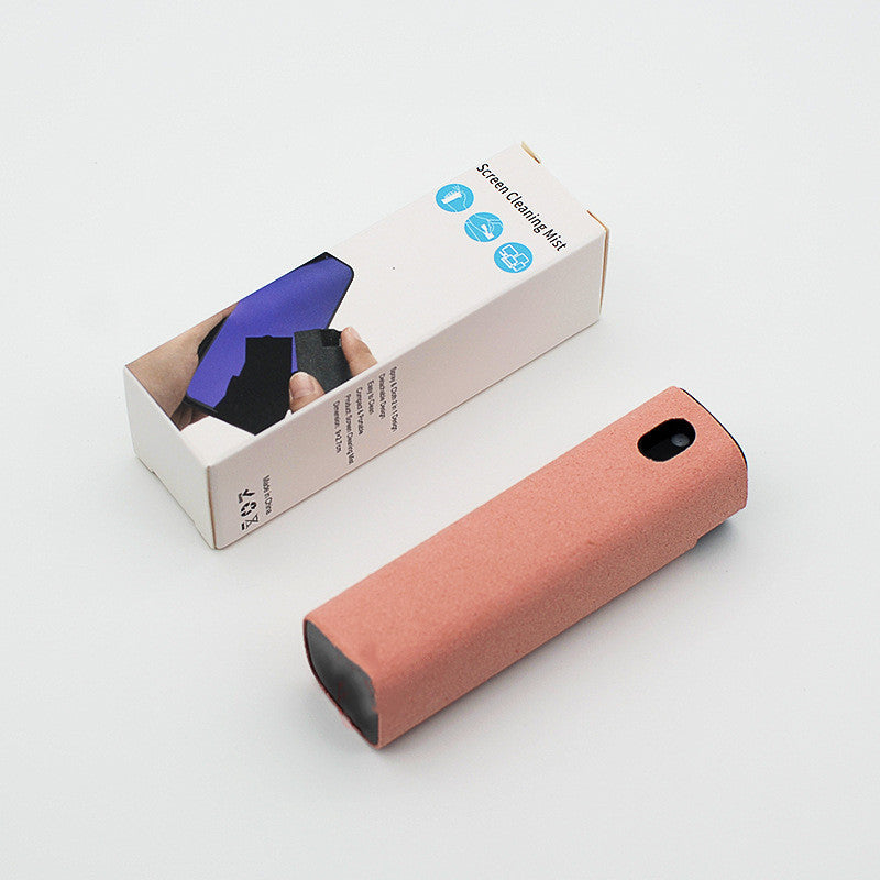Portable screen cleaner set with storage sleeve, rust orange roller and transparent mist bottle