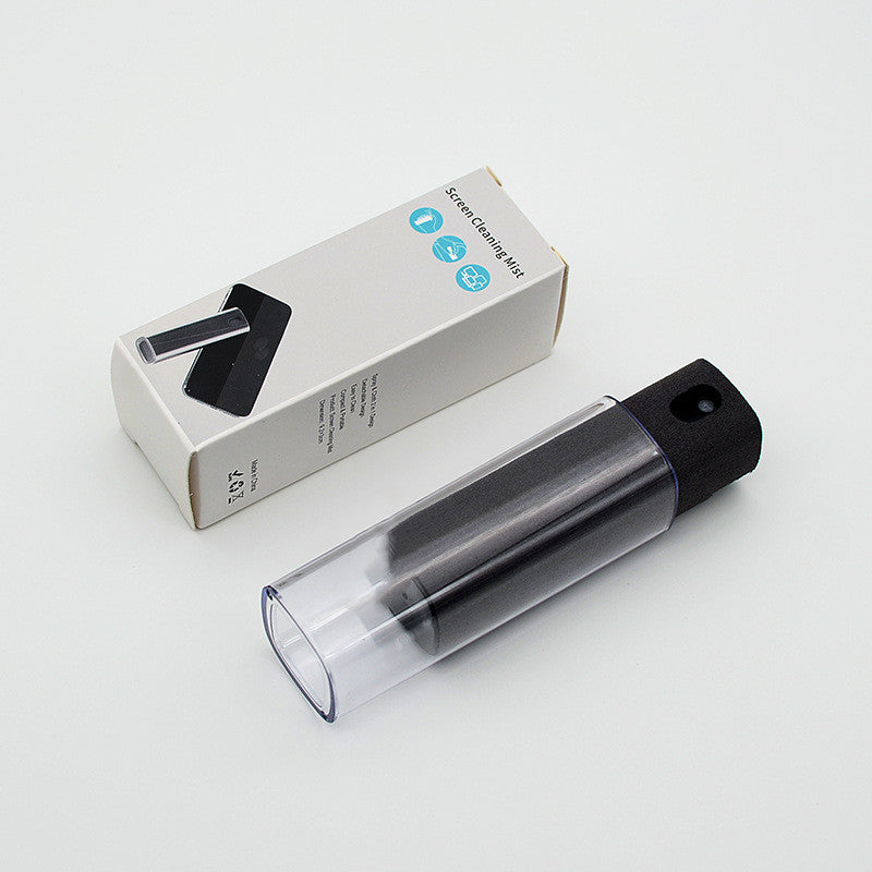 Portable screen cleaner set with storage sleeve, black roller and transparent mist bottle