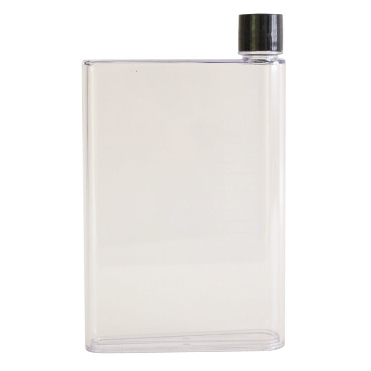 Plastic flat water bottle cup, clear white with black screw cap