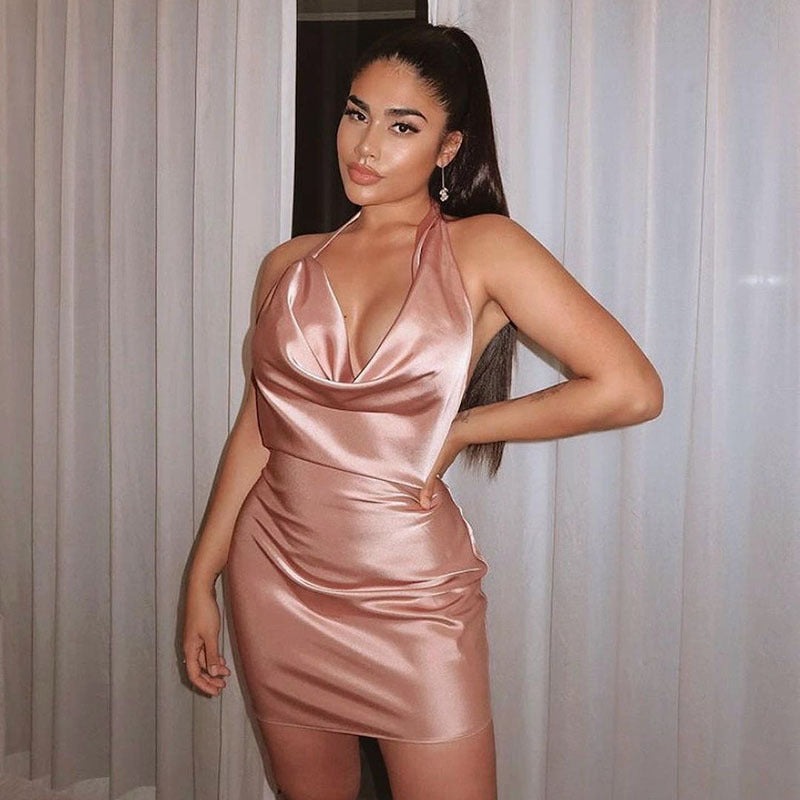 Satin party dress, sleeveless mini with V-neck backless cowl, pink, front view