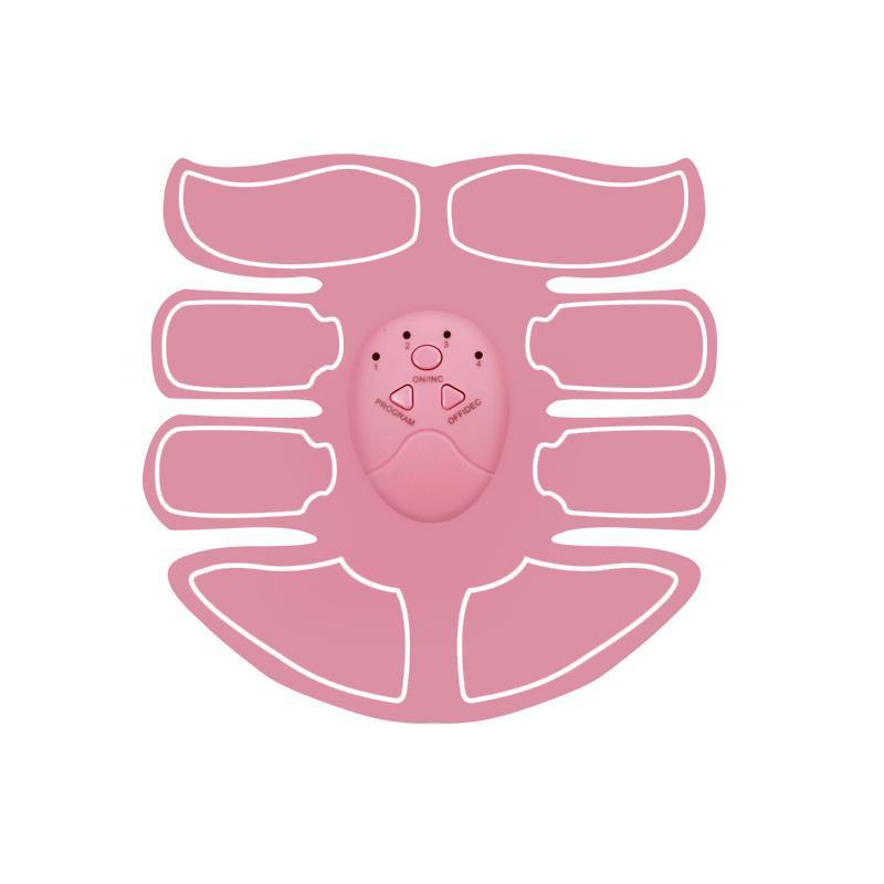 Pink EMS muscle trainer electrode pad layout with central controller and straps