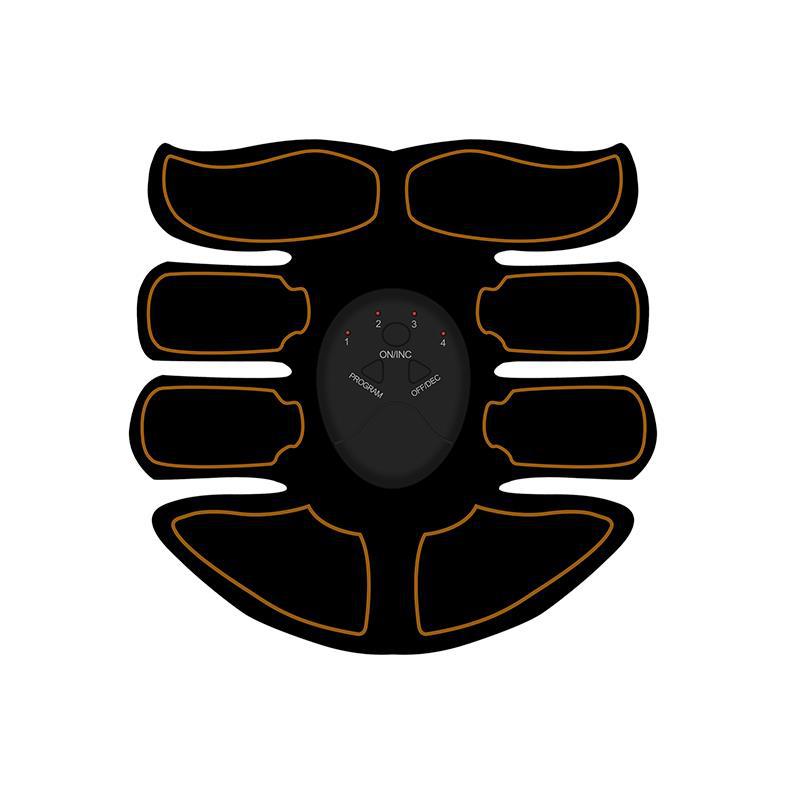 Black EMS abs and muscle trainer electrode pad set with orange trim and controller