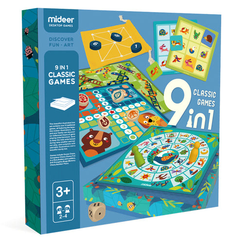 Kids 9-in-1 classic games board game in blue box, with illustrated board and cards