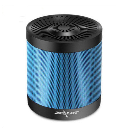 Blue wireless Bluetooth mini speaker with black grille top and base